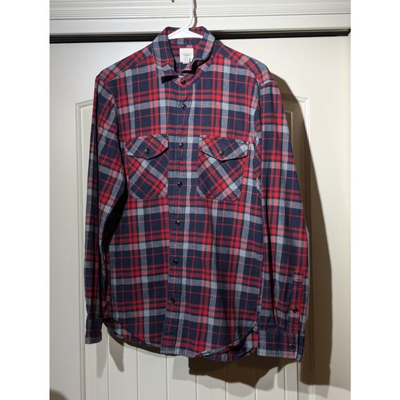 Lands' End Canvas Cotton Red Navy Plaid Pocket Flannel Button Up Shirt Mens M - Picture 10 of 10